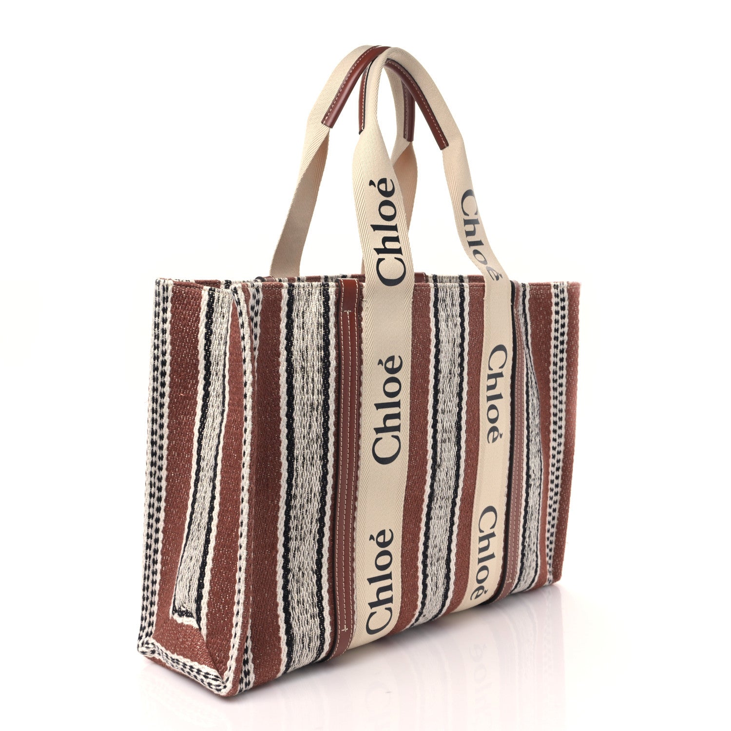 Chloe Woven Linen Large Woody Striped Ribbon Tote Sepia Brown 3 of 8
