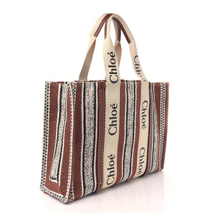Chloe Woven Linen Large Woody Striped Ribbon Tote Sepia Brown 3 of 8