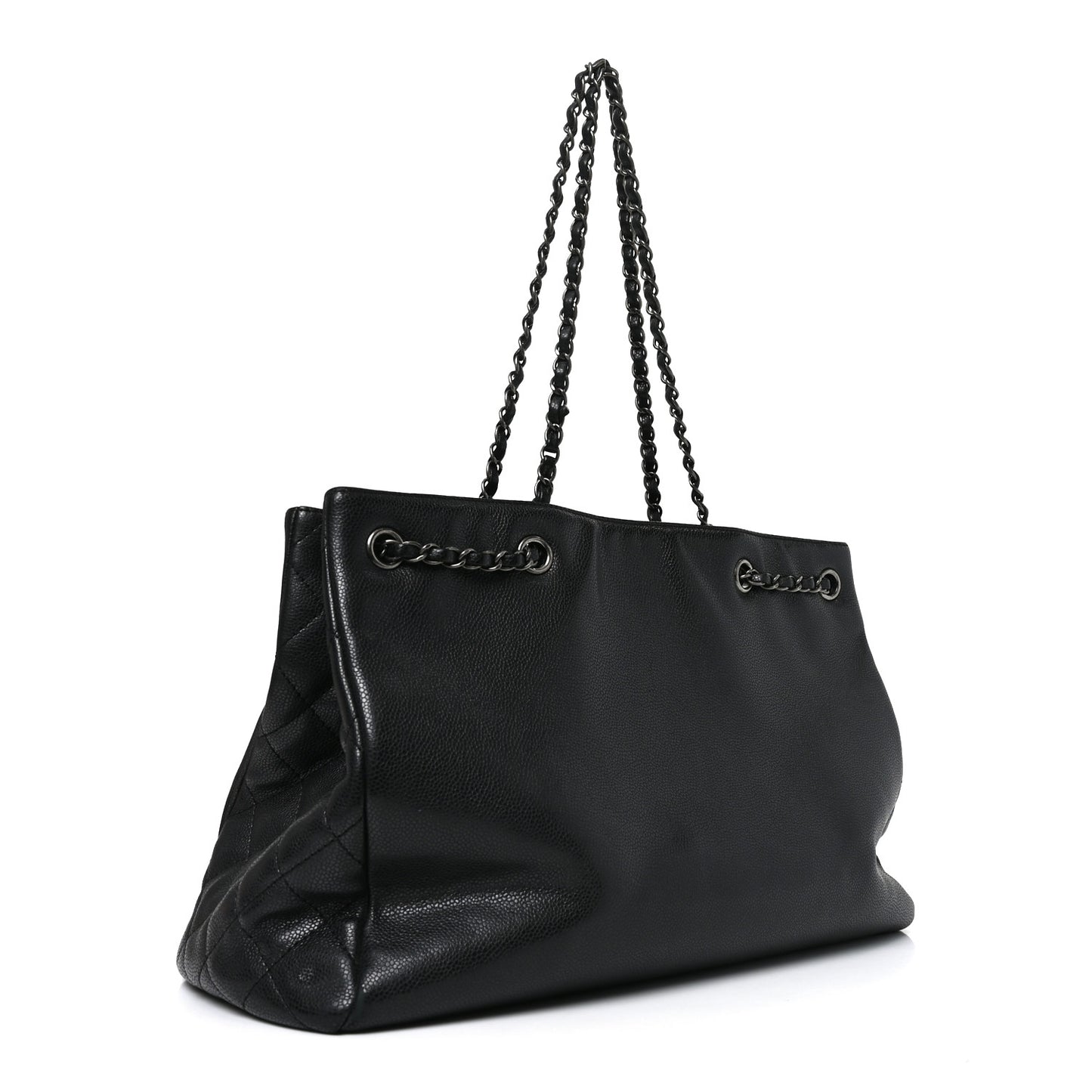 Metallic Grained Calfskin Woven Chain Large Shopping Bag Black