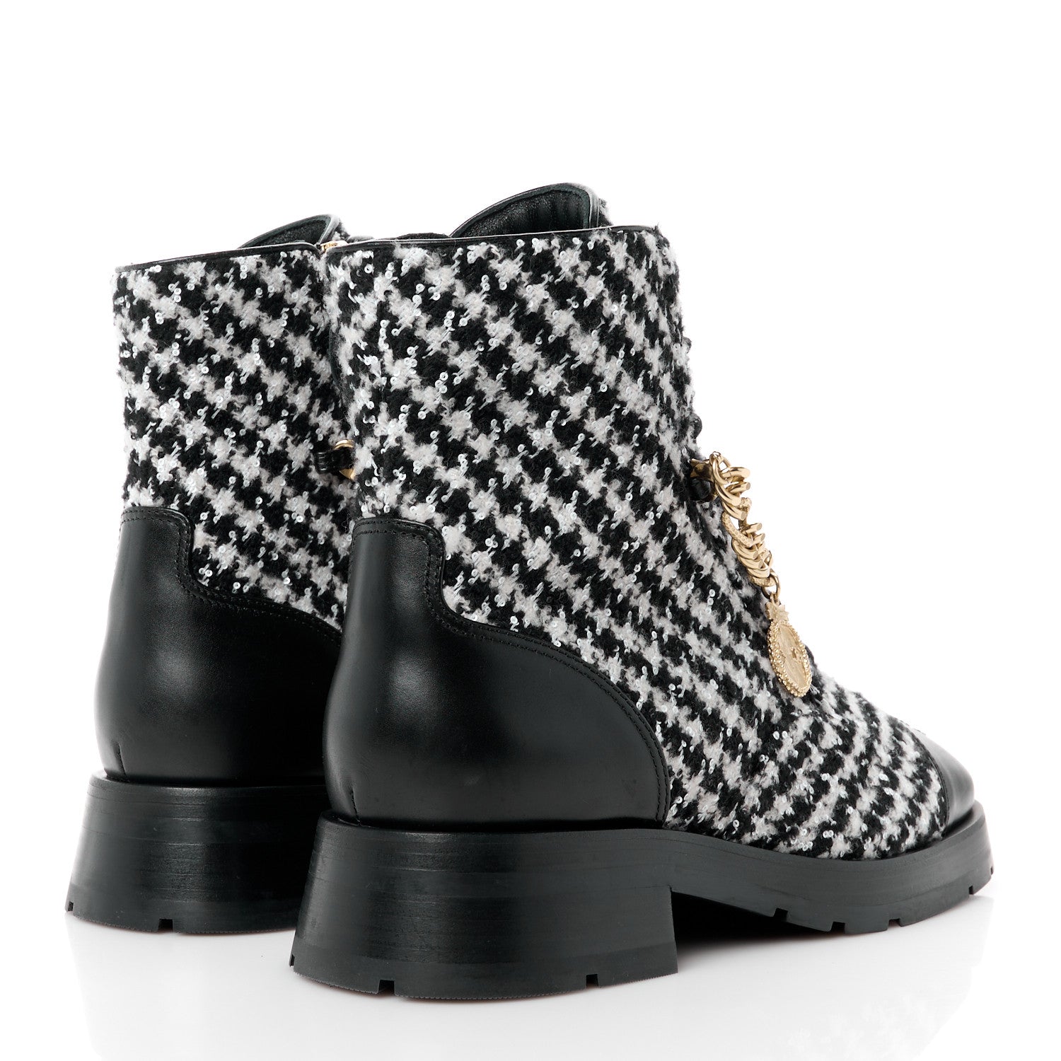 Chanel Wool Tweed Calfskin Chain Lace Up Combat Boots 38.5 Black White 3 of 9