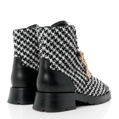 Chanel Wool Tweed Calfskin Chain Lace Up Combat Boots 38.5 Black White 3 of 9