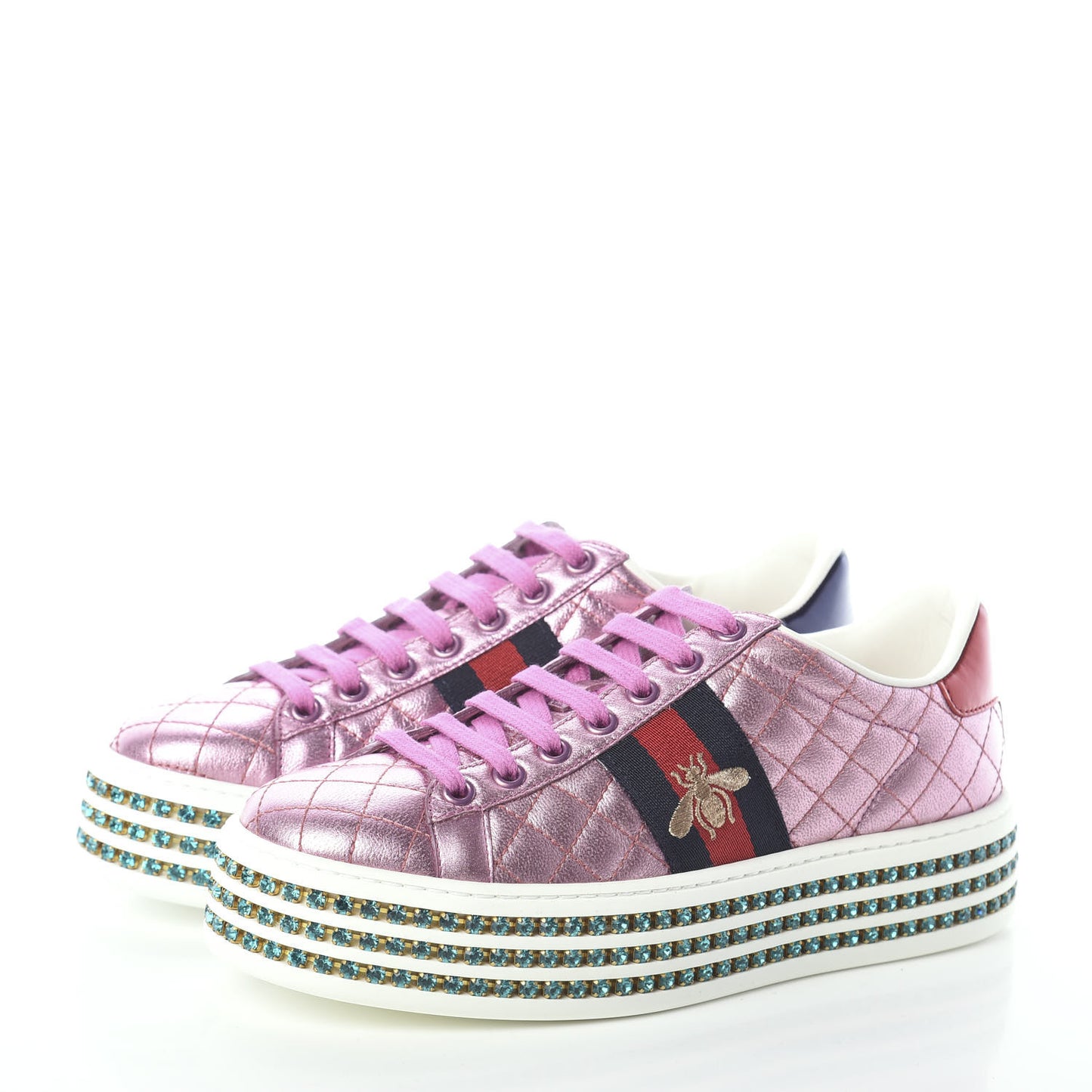 Laminated Nappa Crystal Web Bee Embroidered Trapuntata Womens Ace Platform Sneakers 35.5 Rosa