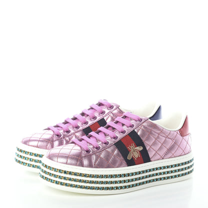 Gucci Laminated Nappa Crystal Web Bee Embroidered Trapuntata Womens Ace Platform Sneakers 35.5 Rosa 3 of 7