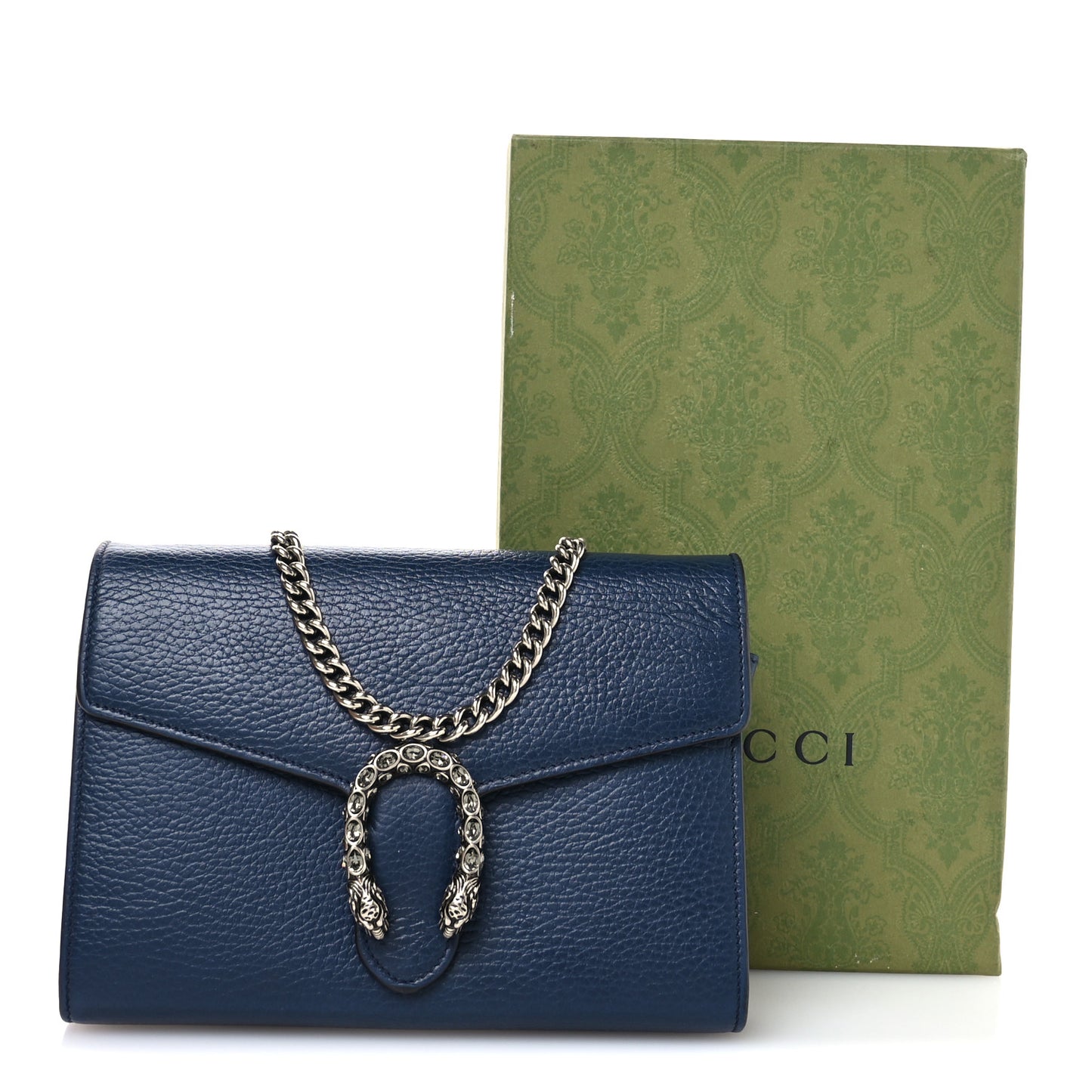 Dollar Calfskin Crystal Mini Dionysus Chain Wallet Blue Agata Black Diamond