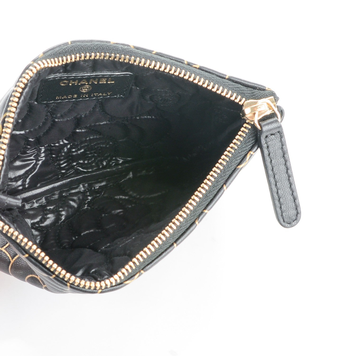 Chanel Lambskin Camellia Embossed Cosmetic Pouch Black Gold 5 of 7