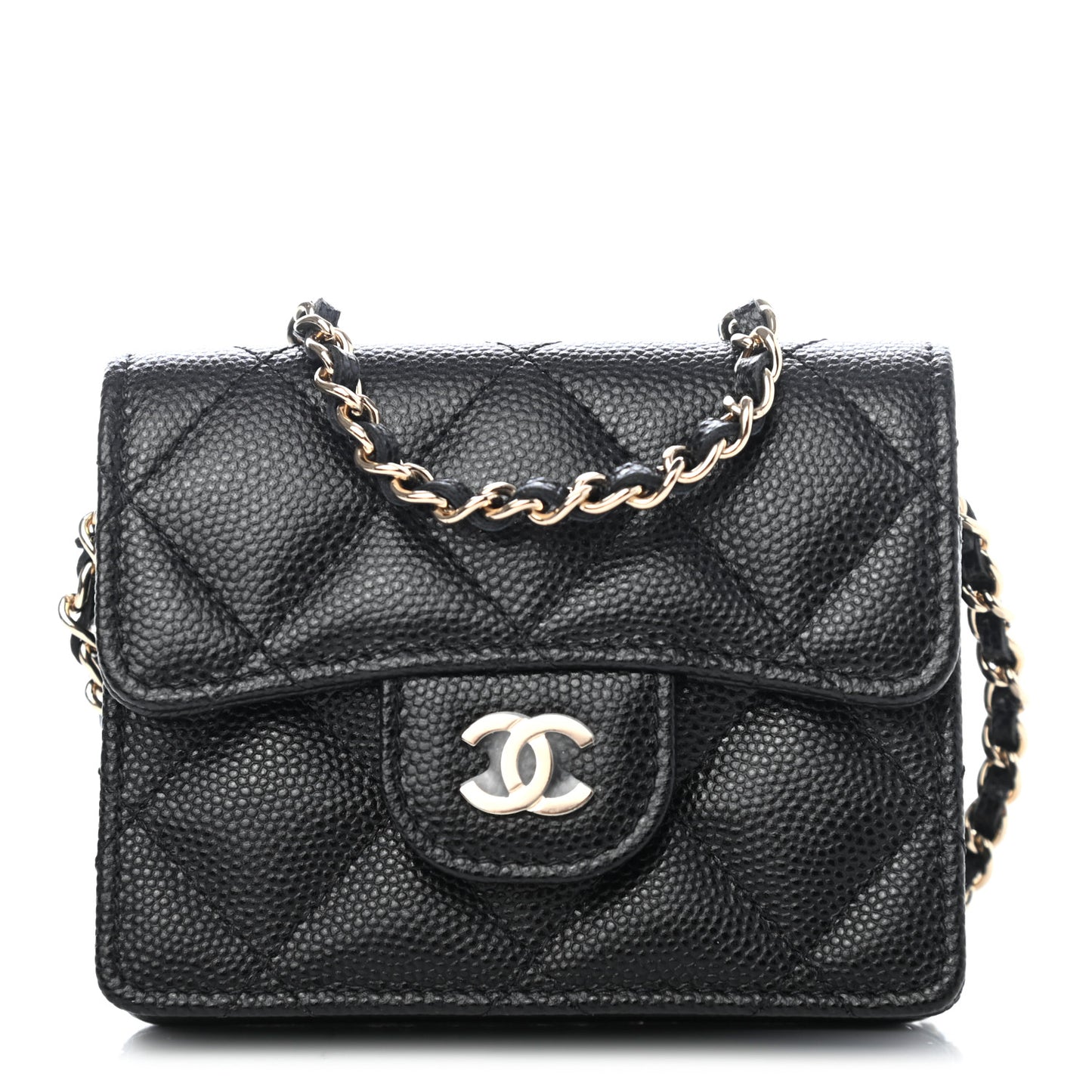 Caviar Quilted Flap Card Holder On Chain Black