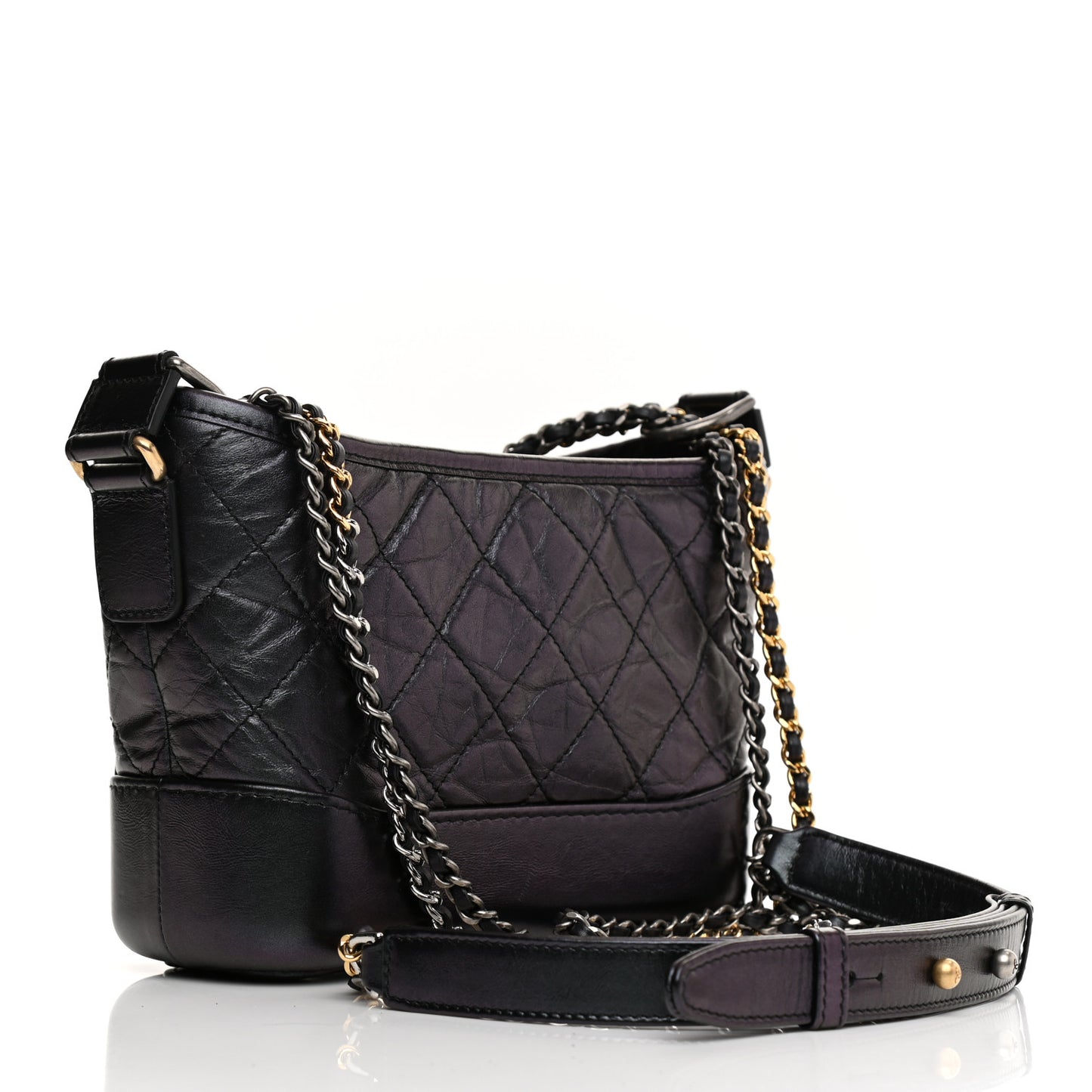 Iridescent Aged Calfskin Quilted Small Gabrielle Hobo Black