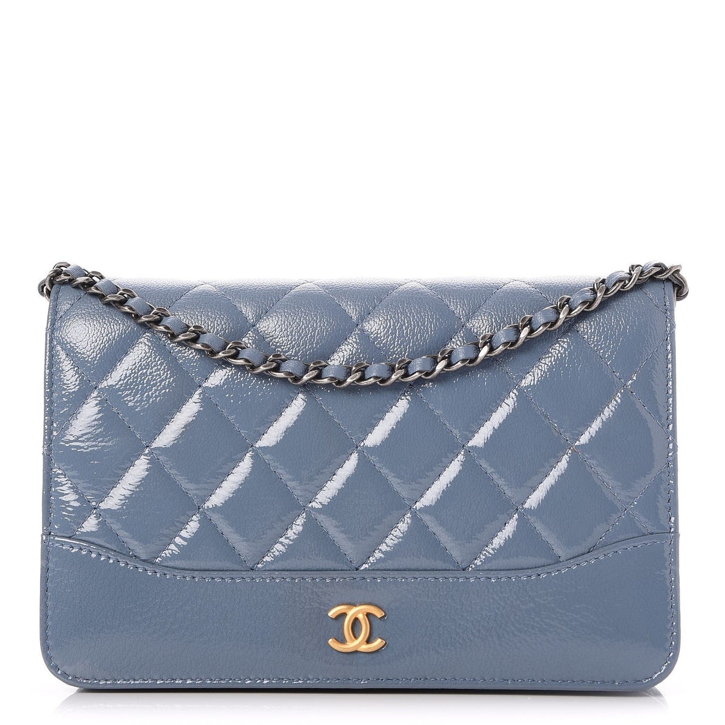 Patent Goatskin Quilted Gabrielle Wallet On Chain WOC Blue