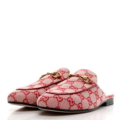 Gucci Canvas GG Monogram Horsebit Womens Princetown Slippers 37.5 Gardenia Hibiscus Red 3 of 9