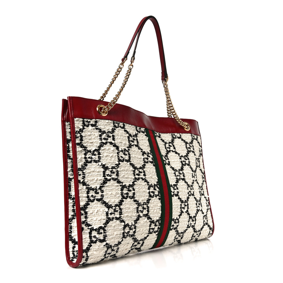 Gucci Tweed GG Monogram Large Rajah Chain Tote White Black Romantic ...