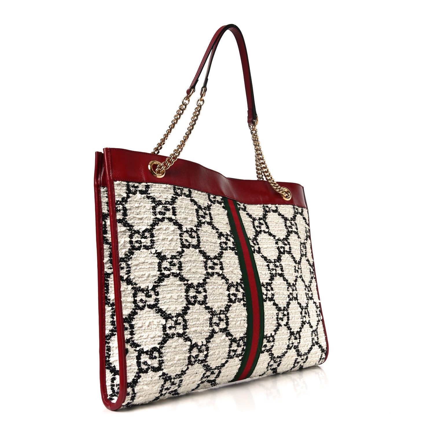 Gucci Tweed GG Monogram Large Rajah Chain Tote White Black Romantic Cherry 4 of 11