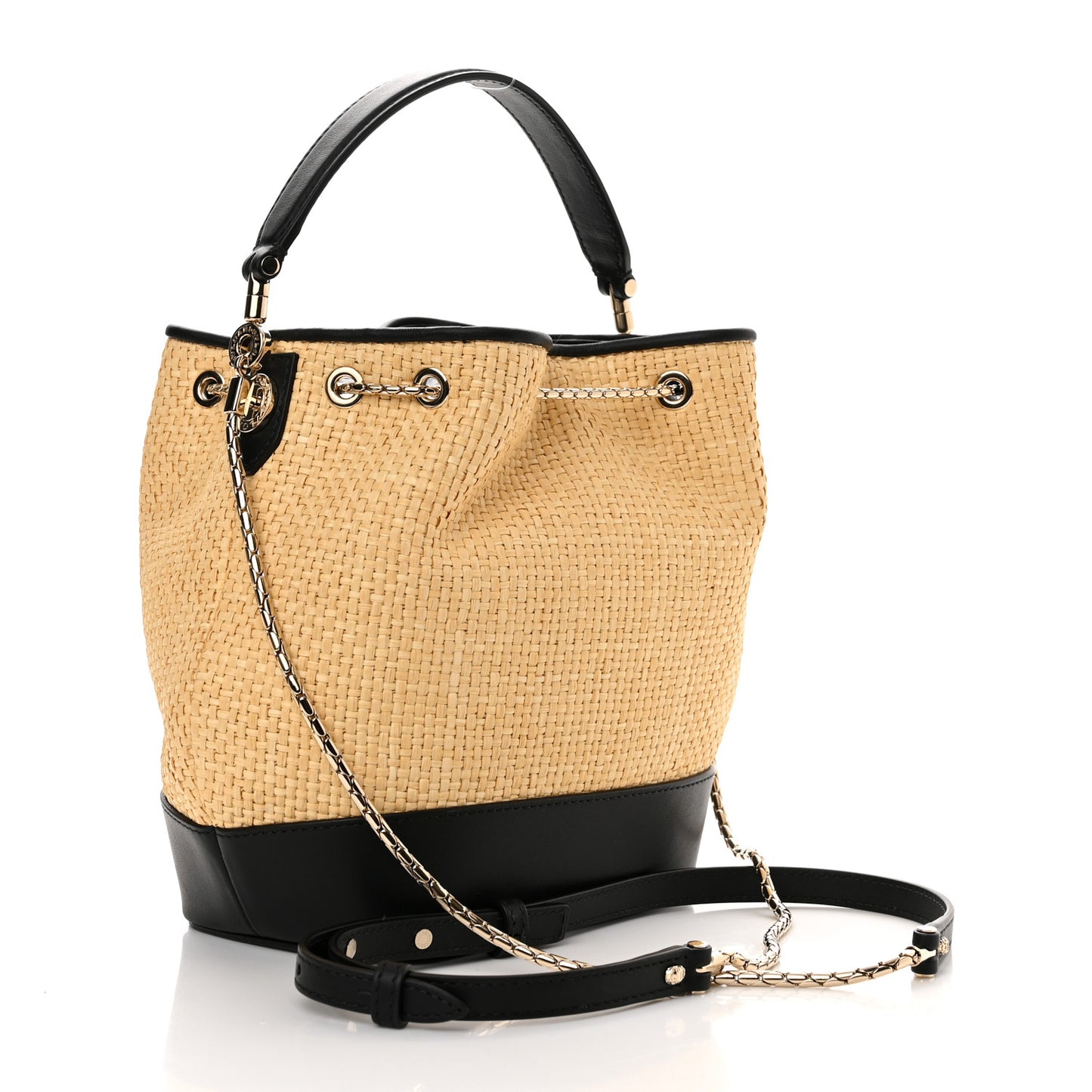 Woven Raffia Calfskin Serpenti Forever Bucket Bag Natural Black