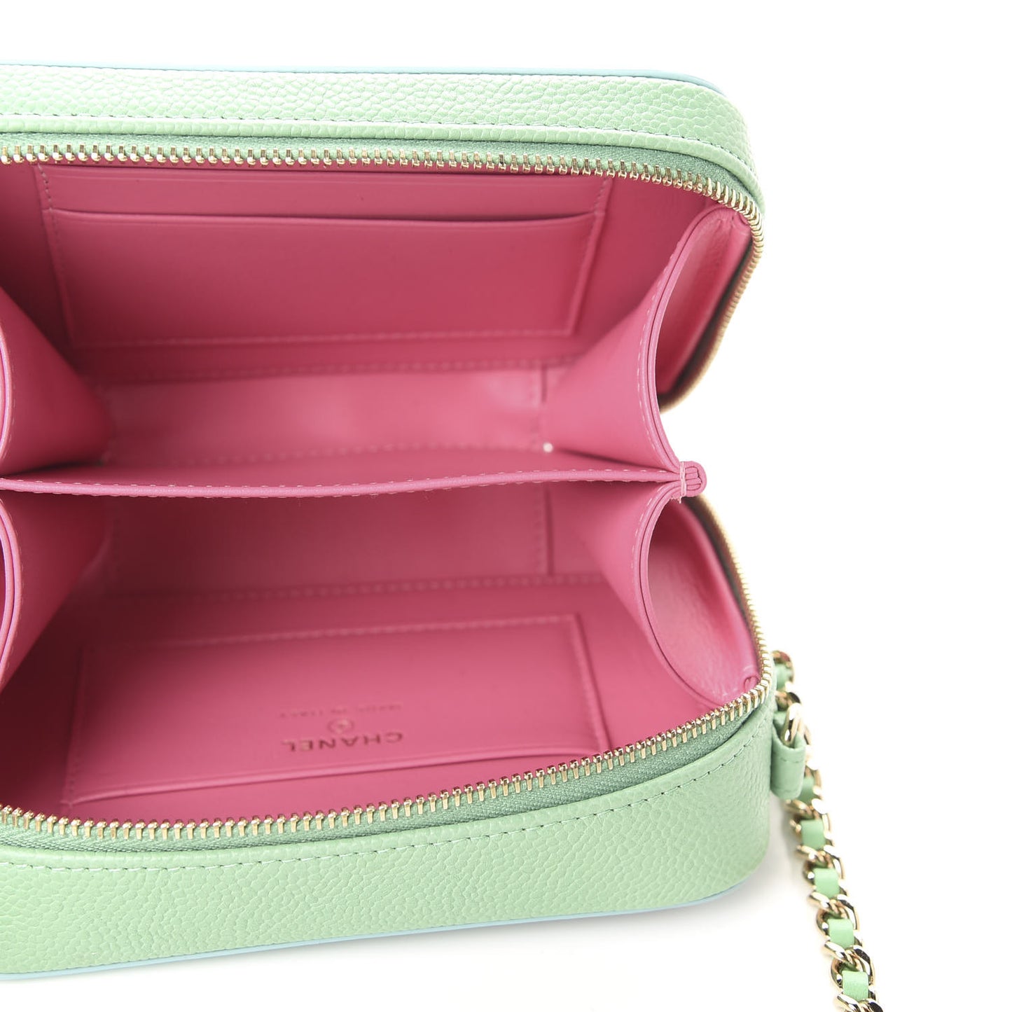 Caviar Quilted Filigree Vanity Clutch With Chain Pink Light Blue Green