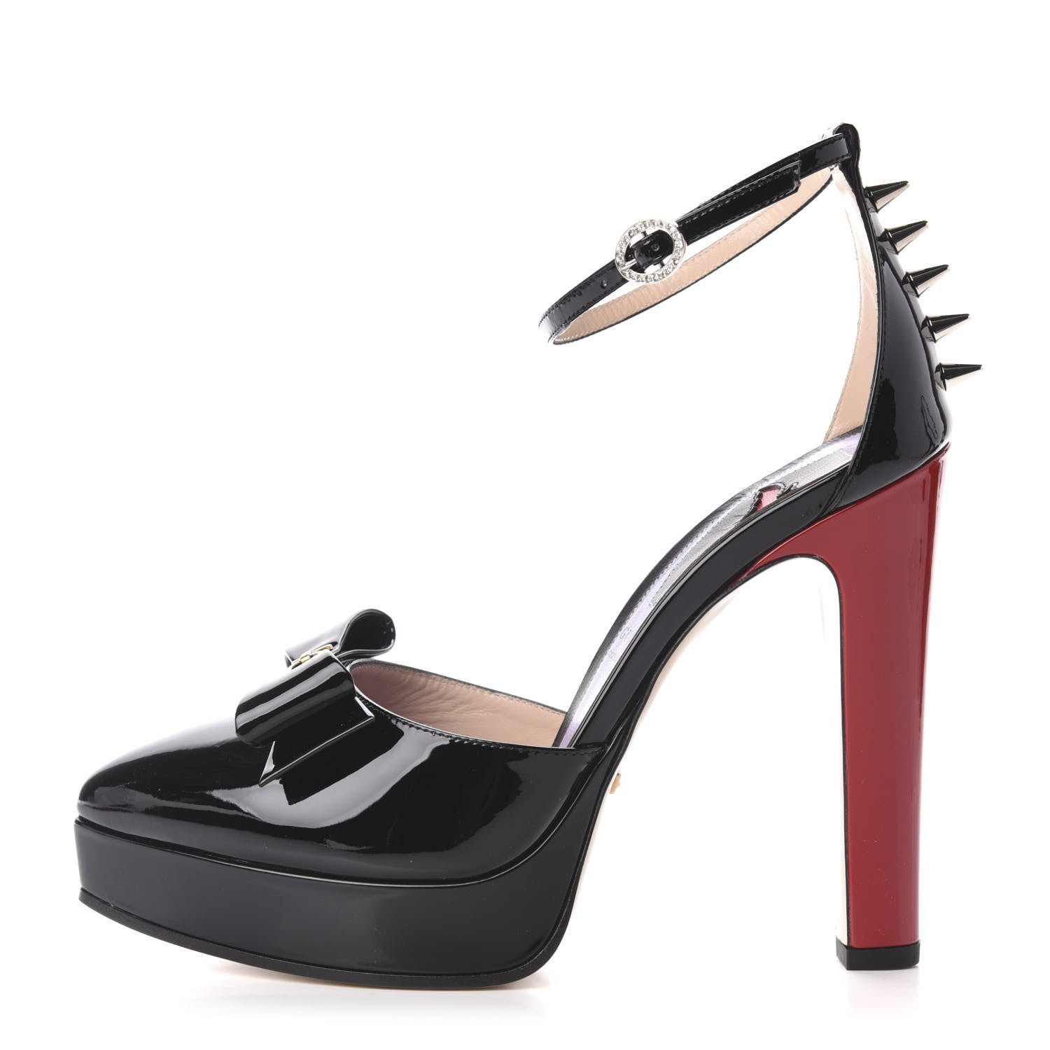 Gucci Patent Crystal GG Bow Sadie Spike Ankle Strap d'Orsay Platform High Heel Pumps 38.5 Black 1 of 8