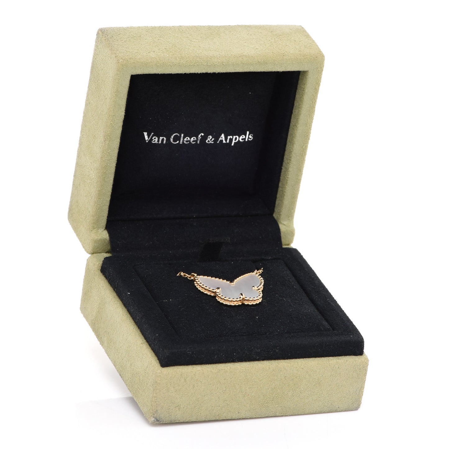 18K Yellow Gold Mother of Pearl Lucky Alhambra Butterfly Pendant Necklace