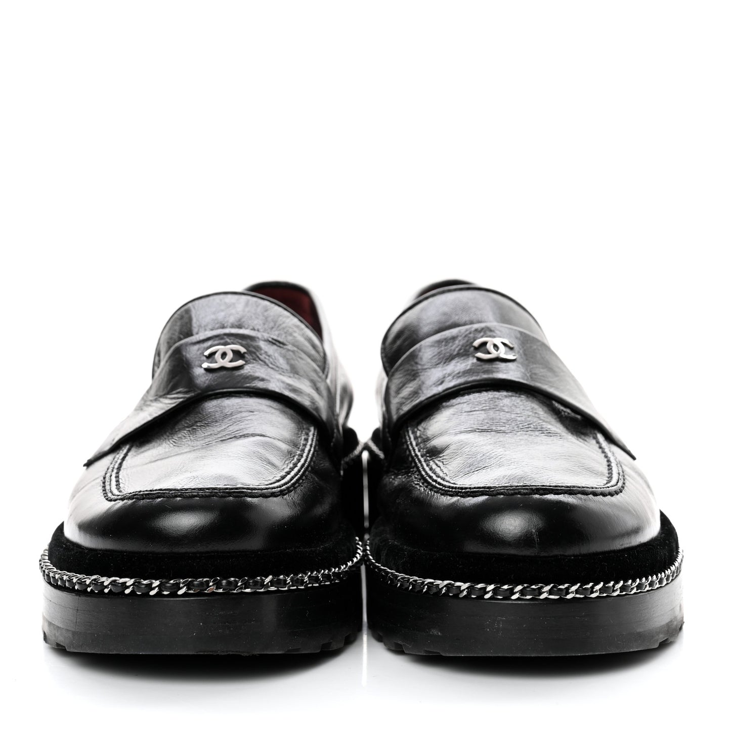 Crinkled Calfskin Velvet CC Chain Mocassin Loafers 39.5 Black