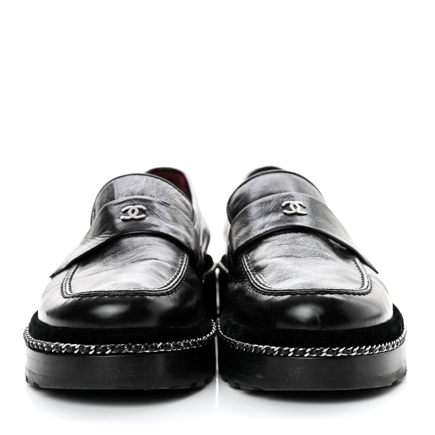 Chanel Crinkled Calfskin Velvet CC Chain Mocassin Loafers 39.5 Black 2 of 7