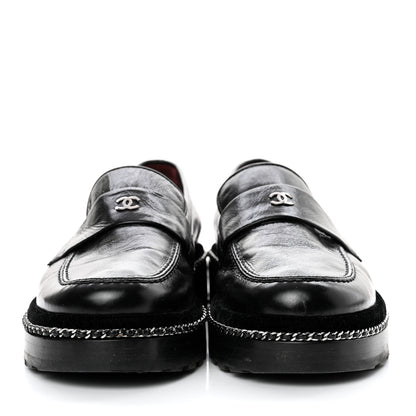 Chanel Crinkled Calfskin Velvet CC Chain Mocassin Loafers 39.5 Black 2 of 7