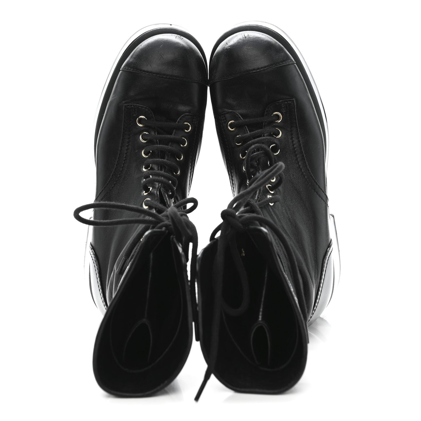 Lambskin Patent Calfskin Quilted CC Lace Up Combat Boots 37 Black
