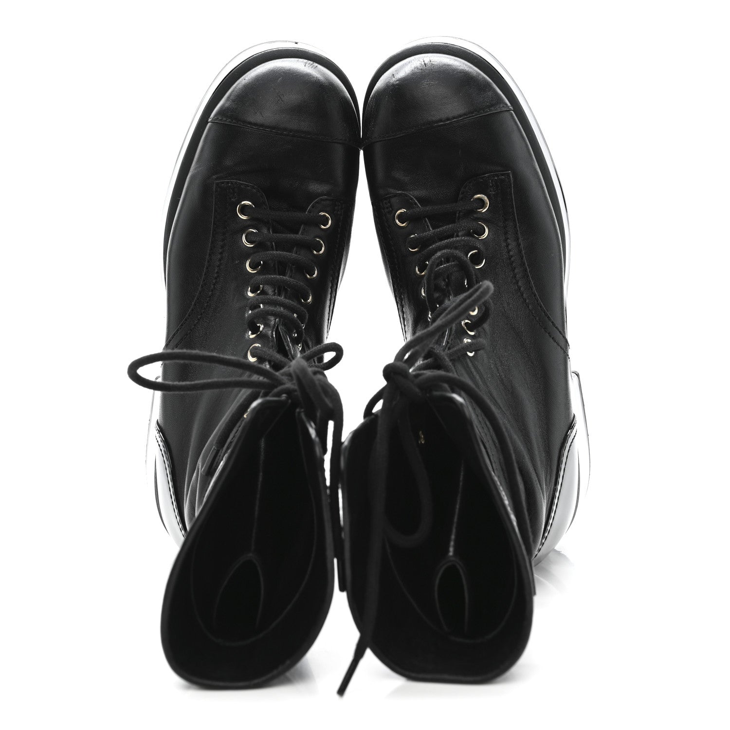 Chanel Lambskin Patent Calfskin Quilted CC Lace Up Combat Boots 37 Black 2 of 9