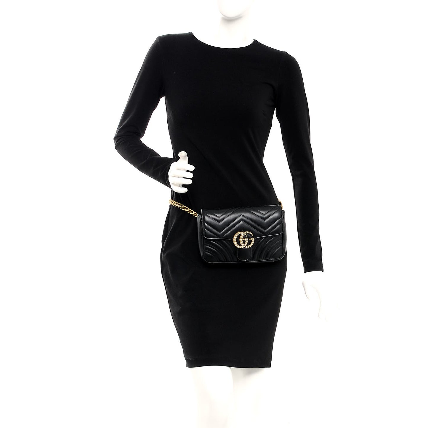 Calfskin Matelasse Pearly GG Marmont Chain Belt Bag Black