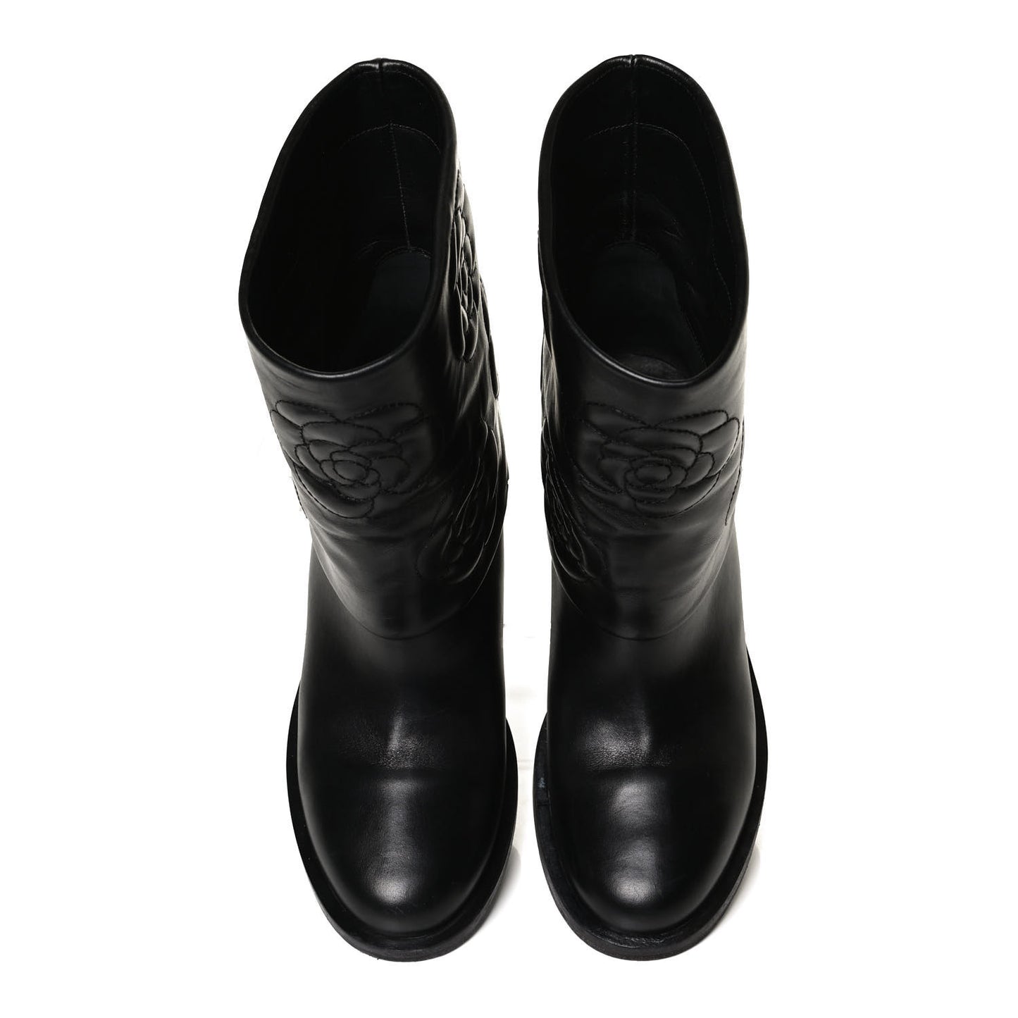 Calfskin Camellia Short Boots 38 Black