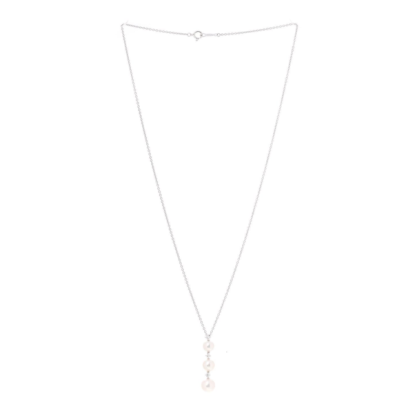 18K White Gold Diamond Akoya Pearl 5.5-7.5mm Three Pearl Drop Pendant Necklace