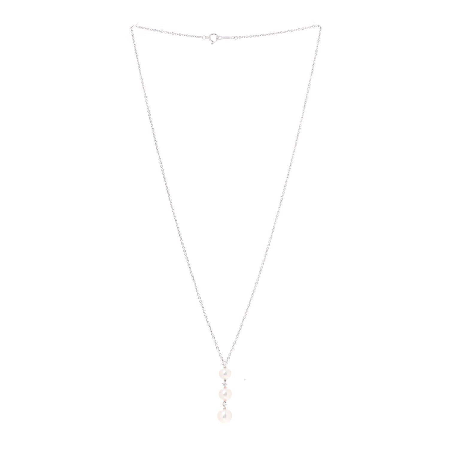 Mikimoto 18K White Gold Diamond Akoya Pearl 5.5-7.5mm Three Pearl Drop Pendant Necklace 3 of 4