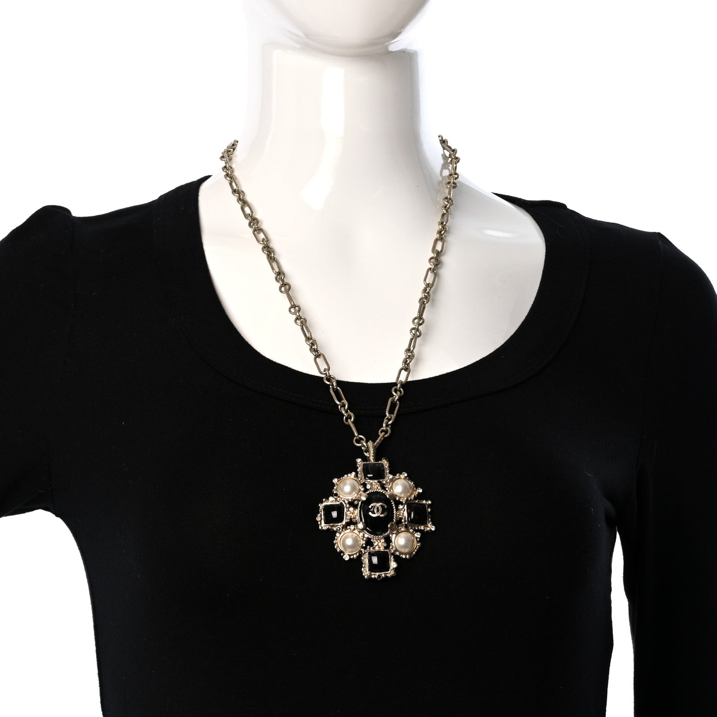 Gripoix Poured Glass Pearl CC Pendant Necklace Black Gold