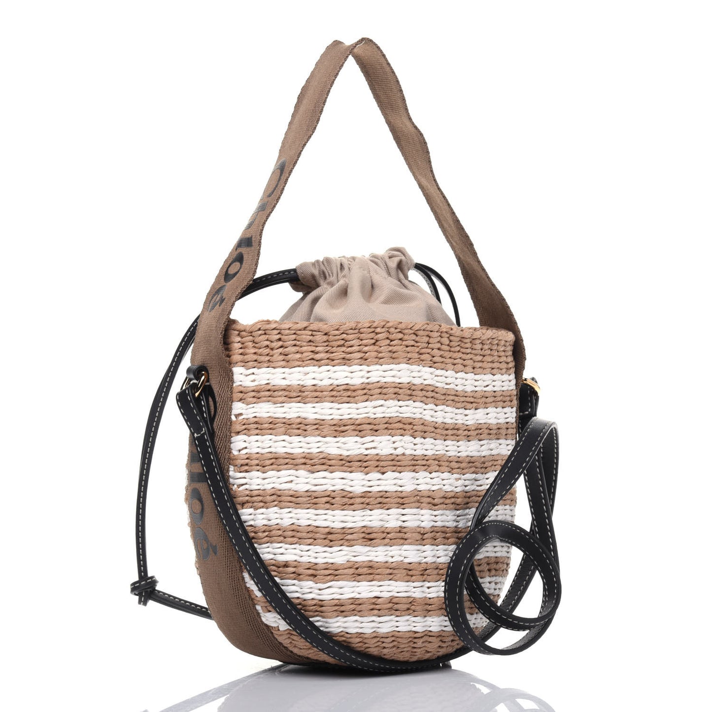 Raffia Calfskin Small Woody Striped Basket Bag Brown