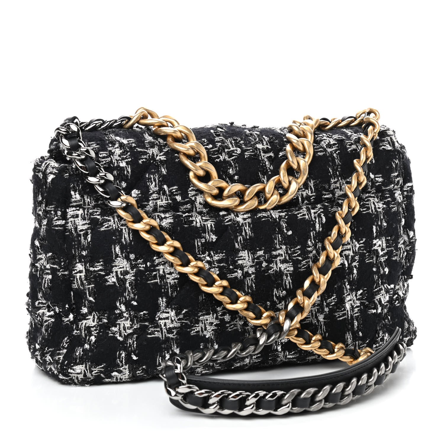 Chanel Tweed Quilted Large Chanel 19 Flap Black Silver Ecru 2 of 8