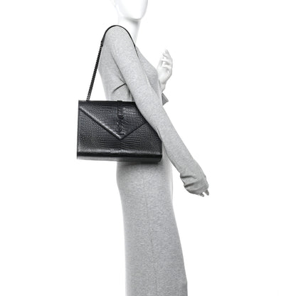 Saint Laurent Calfskin Crocodile Embossed Monogram Large Satchel Black 2 of 10