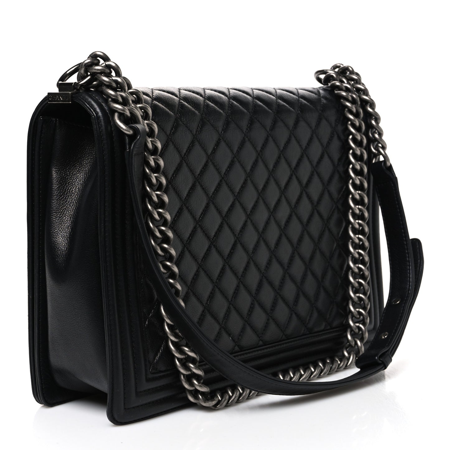 Calfskin Quilted Large Boy Flap Black
