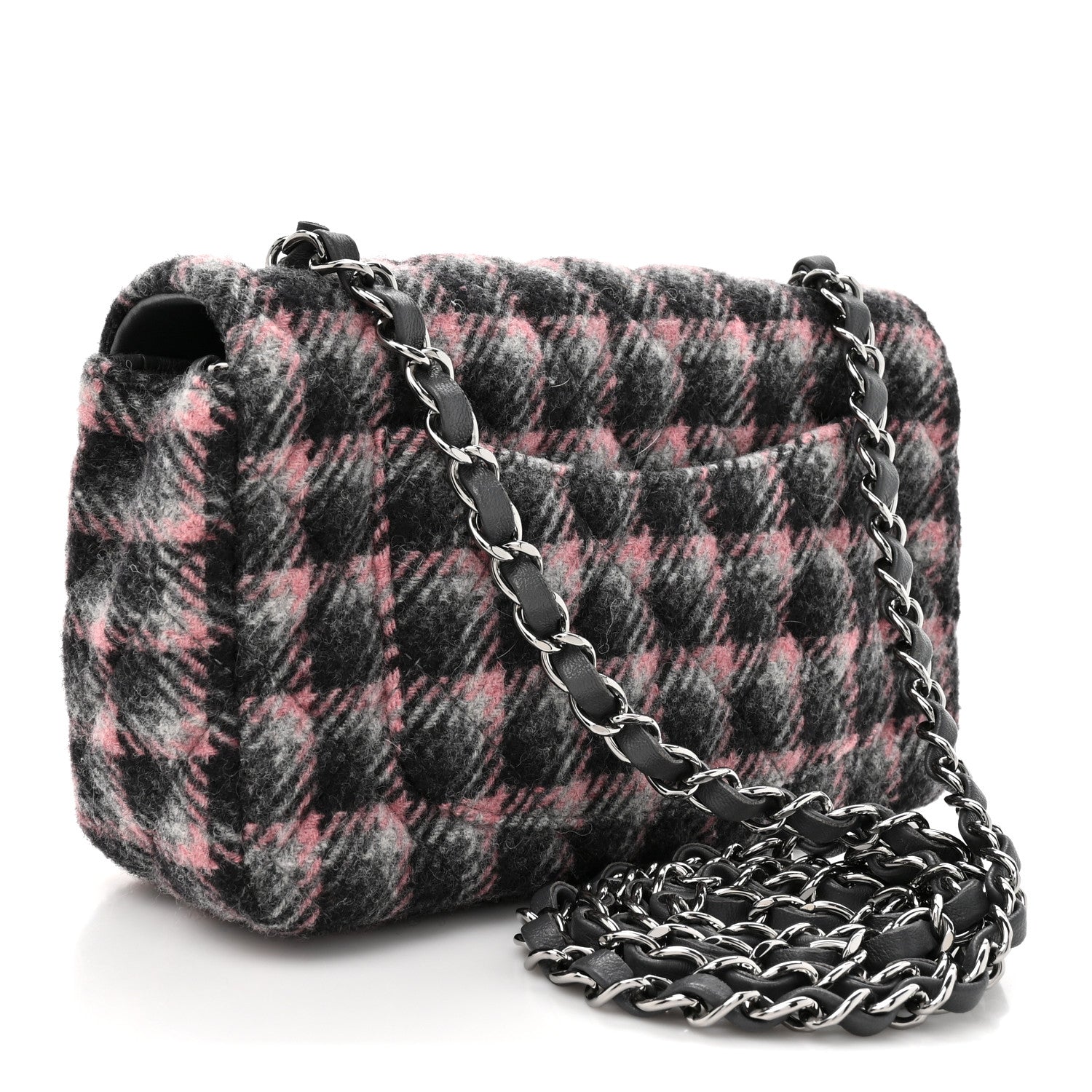 Chanel Wool Plaid Quilted Mini Rectangular Flap Pink Grey