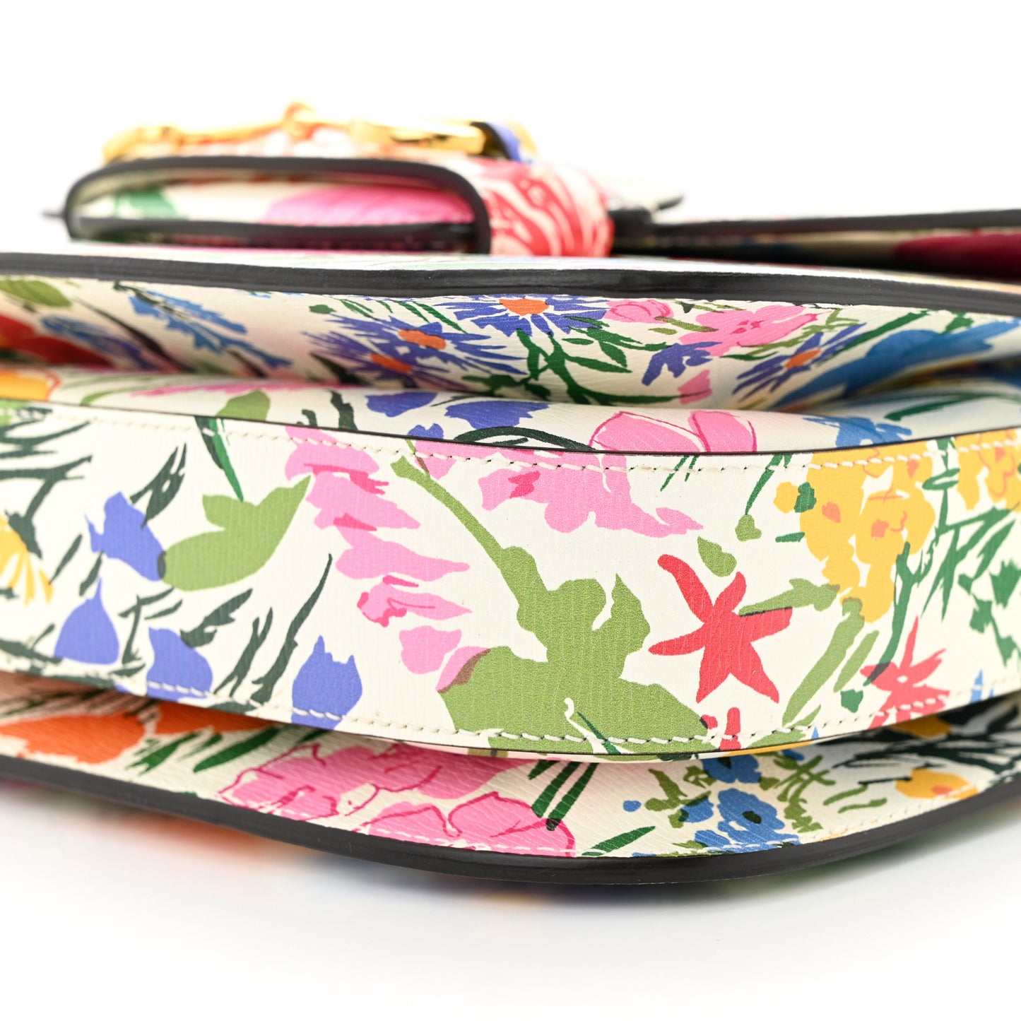 X KEN SCOTT New Shangai Calfskin Jardin D'Avril Floral Print Horsebit 1955 Shoulder Bag Ivory Pink Wild Rose