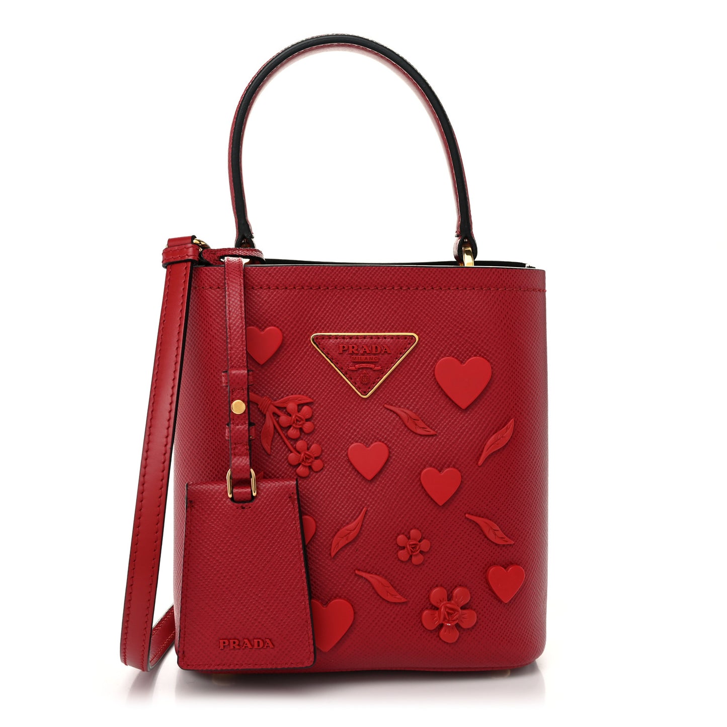 Saffiano Cuir Calfskin Embellished Panier Bucket Bag Fuoco