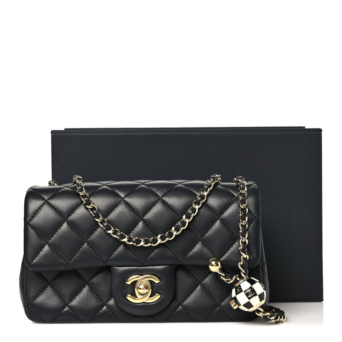 Lambskin Quilted Enamel Mini Rectangular Pearl Crush Flap Black