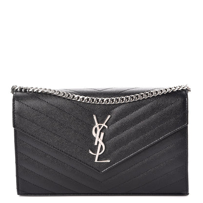 Saint Laurent Grain De Poudre Matelasse Chevron Monogram Chain Wallet Black 1 of 8