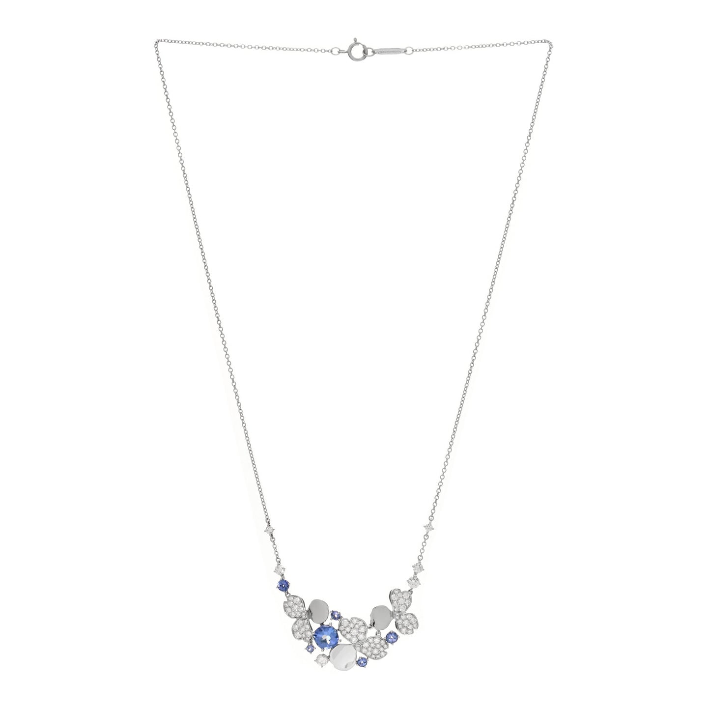 Platinum Diamond Tanzanite Paper Flowers Cluster Pendant Necklace