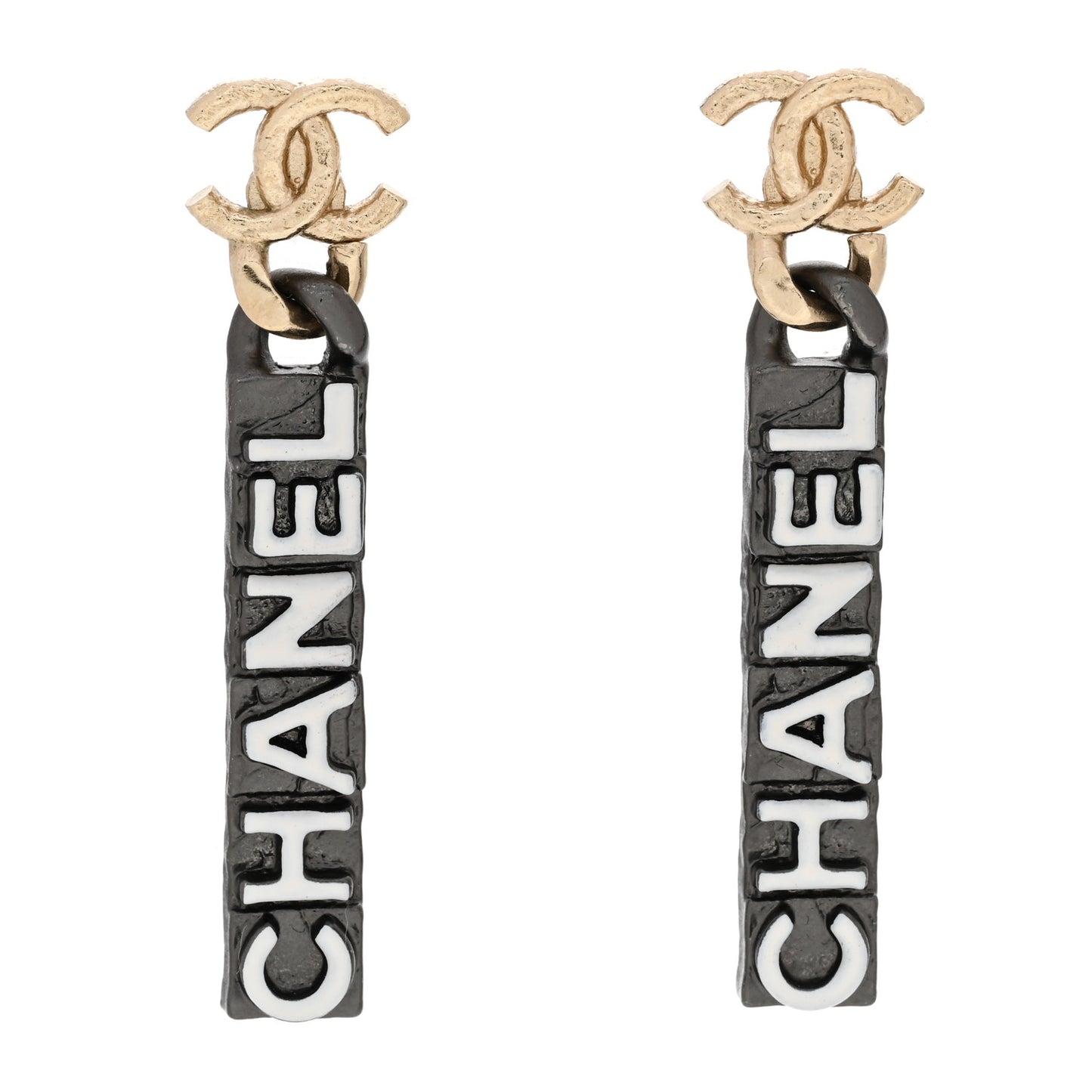 Metal Enamel CC Logo Drop Earrings Ruthenium Gold