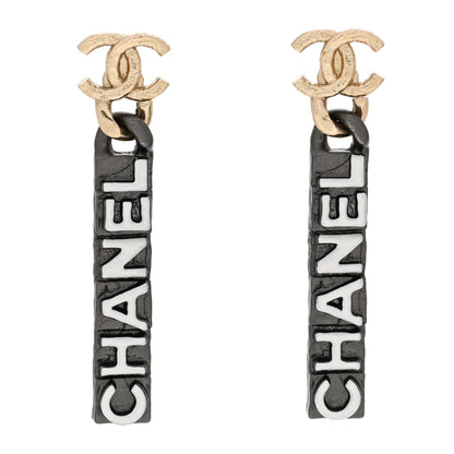 Chanel Metal Enamel CC Logo Drop Earrings Ruthenium Gold 1 of 7
