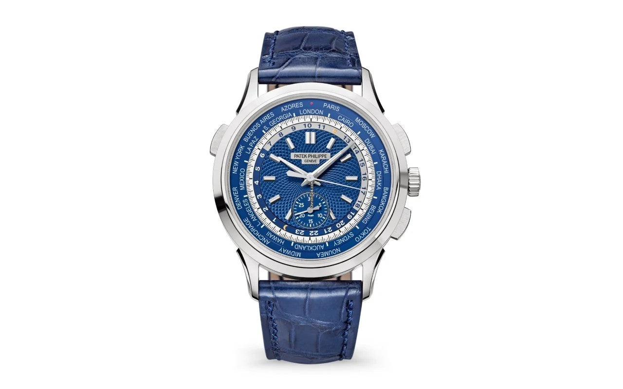18K White Gold Alligator 39.5mm World Time Chronograph Automatic Watch Blue 5930G-010