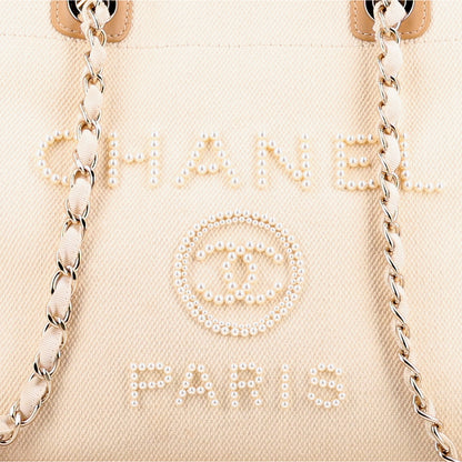 Chanel Canvas Pearl Medium Deauville Tote Ecru Beige 8 of 10