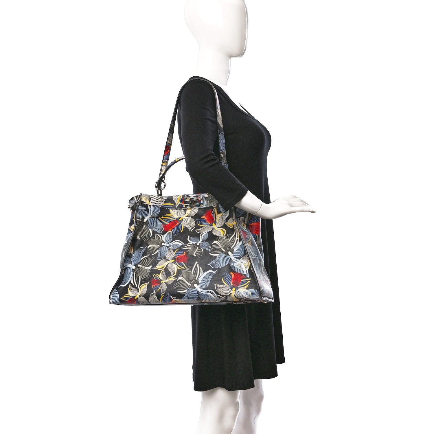 Fendi Calfskin Orchid Large Peekaboo Iconic Satchel Black Multicolor 2 of 8