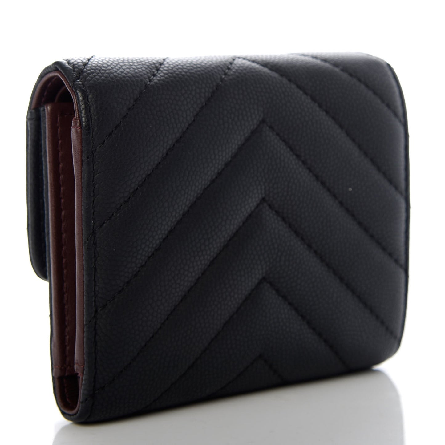 Caviar Chevron Quilted Compact Flap Wallet Black