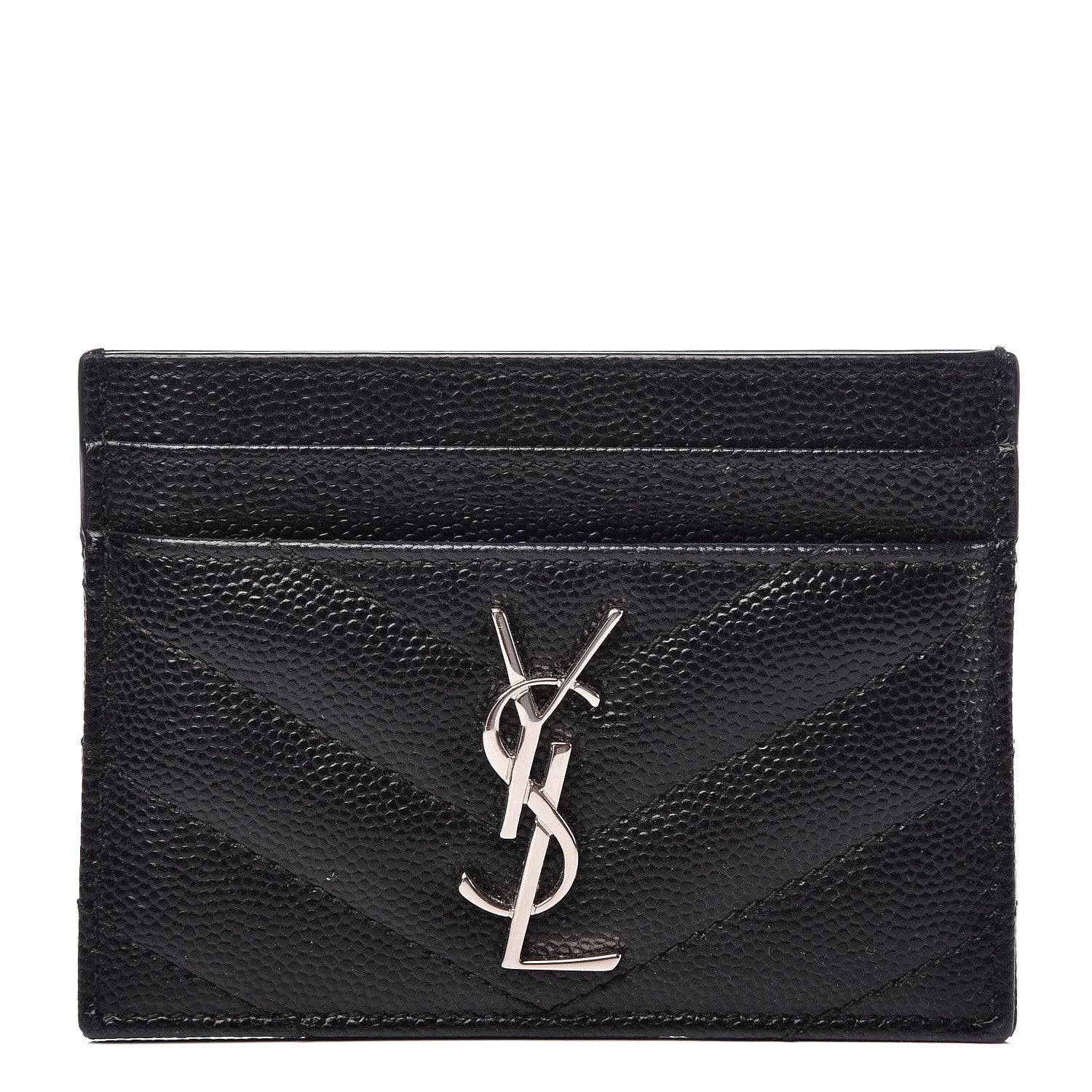 Saint Laurent Grain De Poudre Matelasse Chevron Monogram Credit Card Case Black 1 of 9