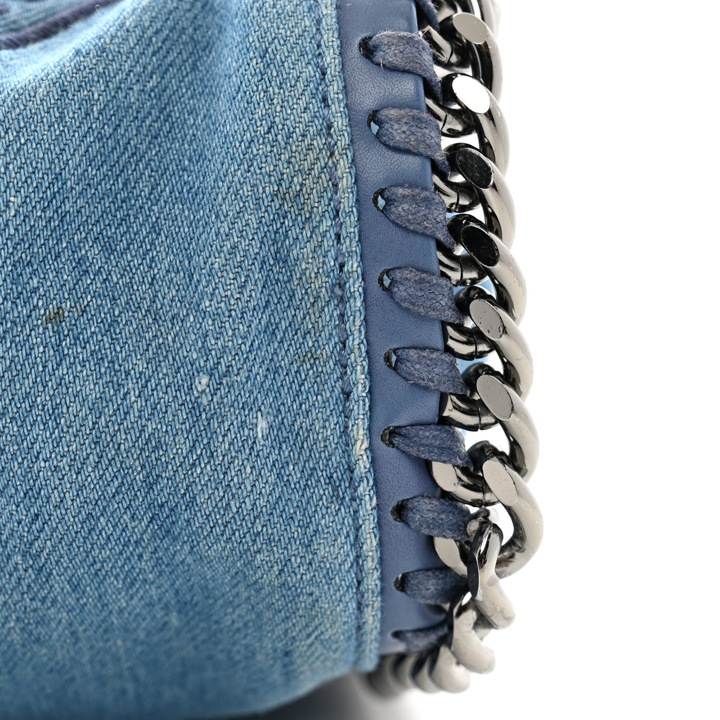 Eco Denim Embroidered Zigarette Falabella Fold Over Tote Blue