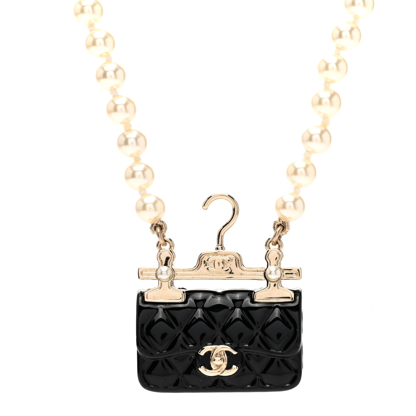 Pearl Metal Resin Quilted Flap Bag Necklace Gold Black Pearly White