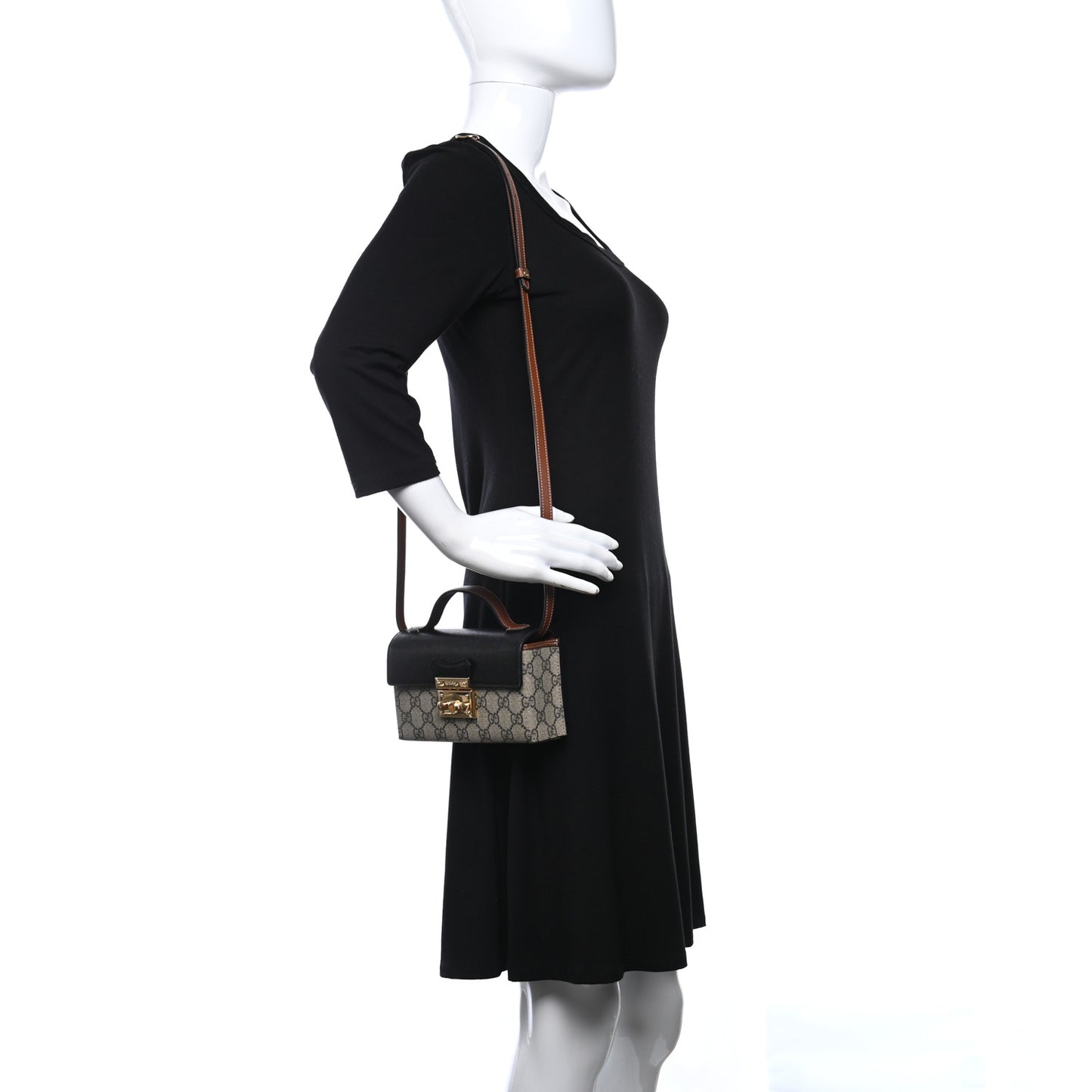 GG Supreme Monogram Calfskin Mini Padlock Top Handle Shoulder Bag Beige Black Cuir