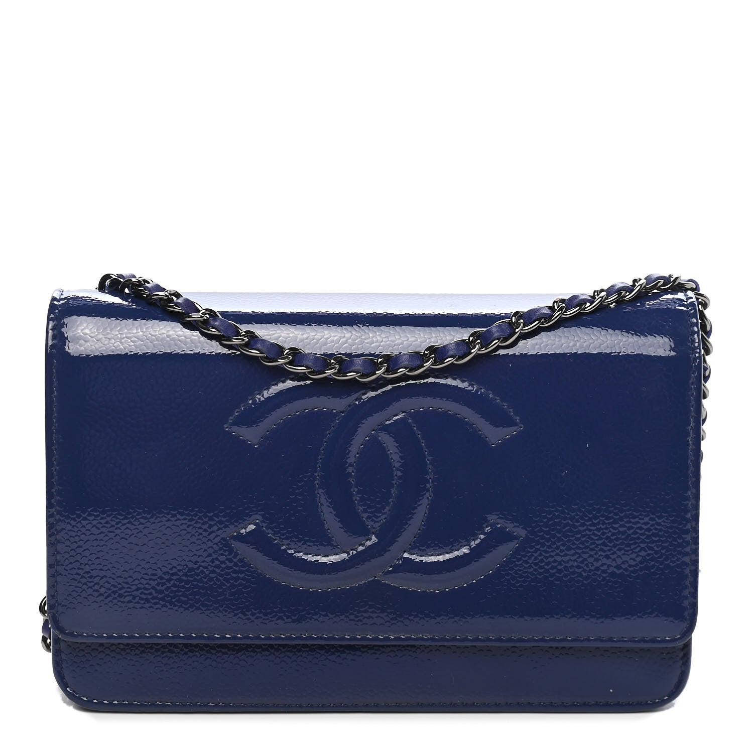 Chanel Grained Patent Calfskin Timeless Wallet On Chain WOC Blue 1 of 11